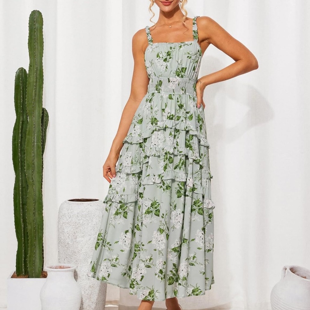 Grace Karin Light Sage Floral Ruffle Tiered Maxi Dress